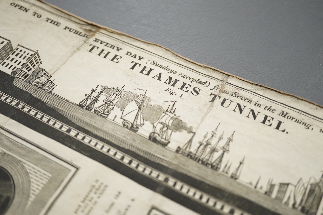 The Thames Tunnel advertising flyer showing the plans of Marc Brunel, dated 1827, the edges roughly cut and later pasted onto brown paper, 26 x 25.5cm